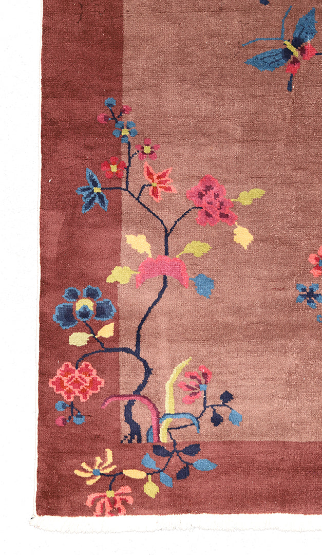 3'x5' Vintage Chinese Art Deco Rug | Dark Brown Floral Rug