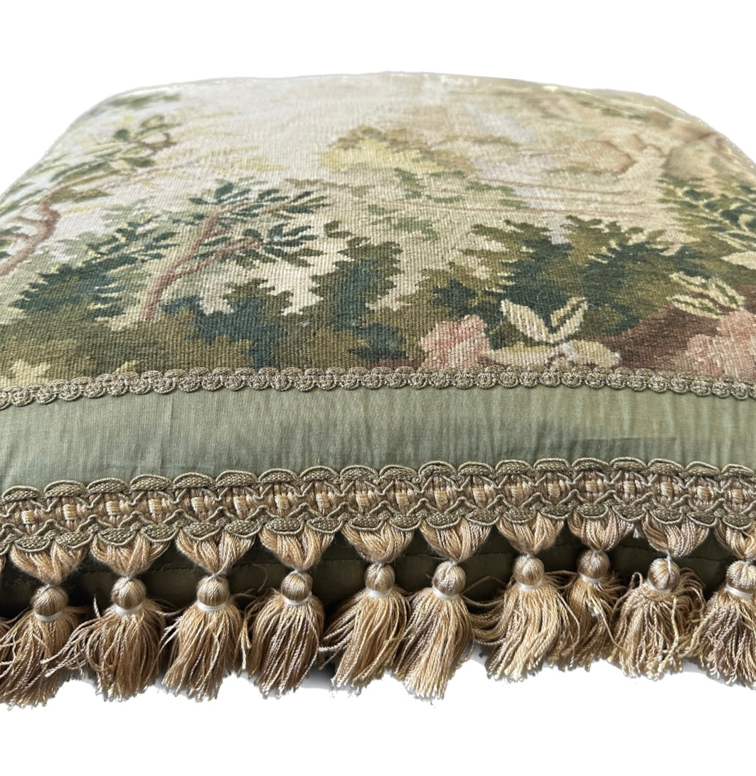 20" x 20" Green Floral and Nature Silk and Wool Aubusson Pillowcase with Golden Brown Tassels