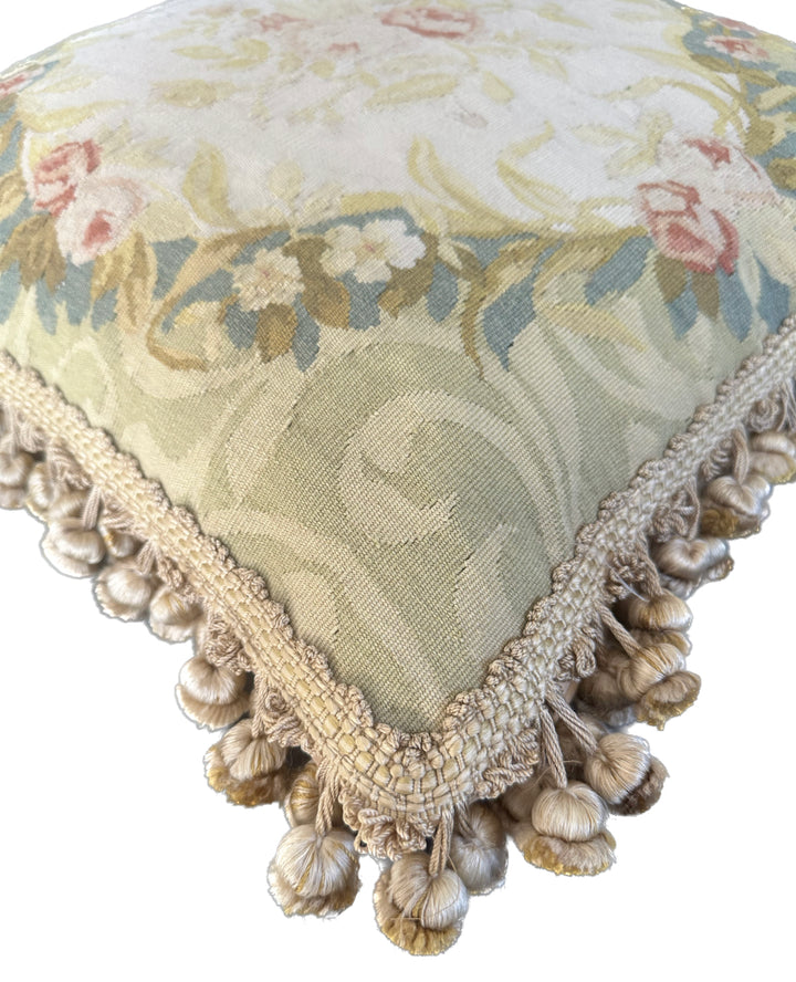 19"x19" Green Beige Floral Wool and Silk Aubusson Pillowcase