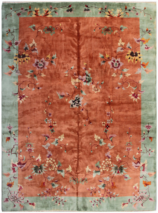 9x12 Orange and Green Floral Vintage Chinese Art Deco Rug