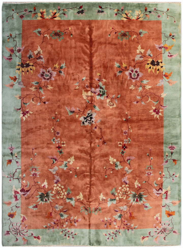 9'x12' Orange and Green Floral Vintage Chinese Art Deco Wool Area Rug