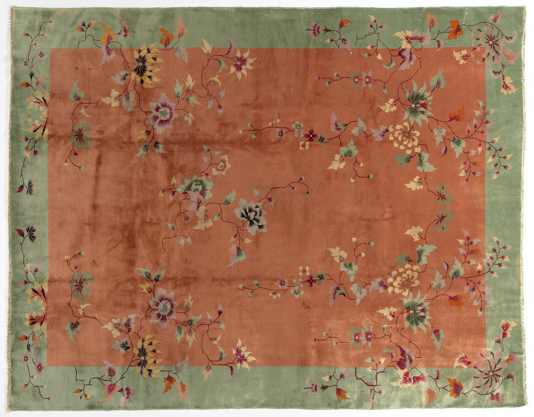 9'x12' Vintage Chinese Art Deco Wool | Orange Green Floral Large Size Rug