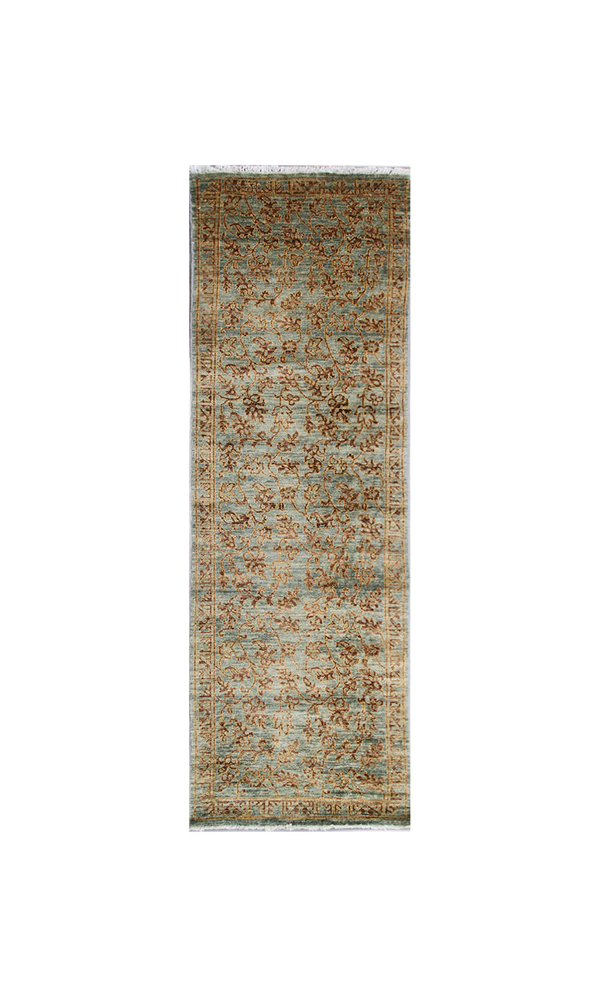 3'x10' Grey Blue Gold Hand-Knotted Floral design Runner Area Rug.