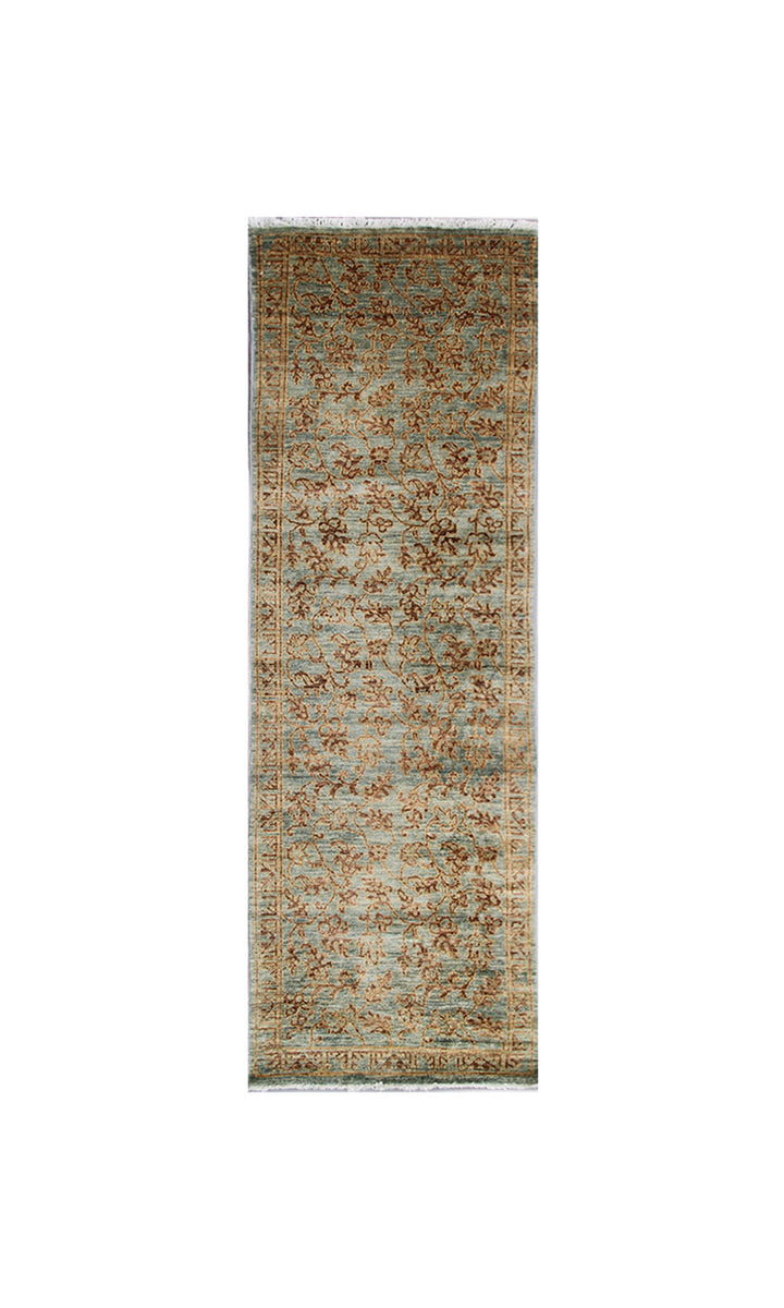 3'x10' Grey Blue Gold Hand-Knotted Floral design Runner Area Rug.