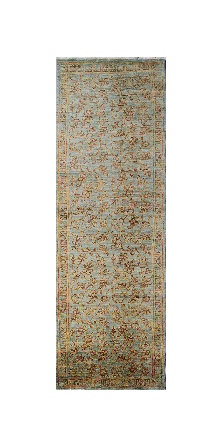 3'x10' Grey Blue Gold Hand-Knotted Floral design Runner Area Rug.