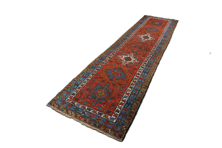 3x12 Red Antique Persian Wool Runner Rug featuring geometric red and blue motifs in 3x11 foot 7 inch dimensions