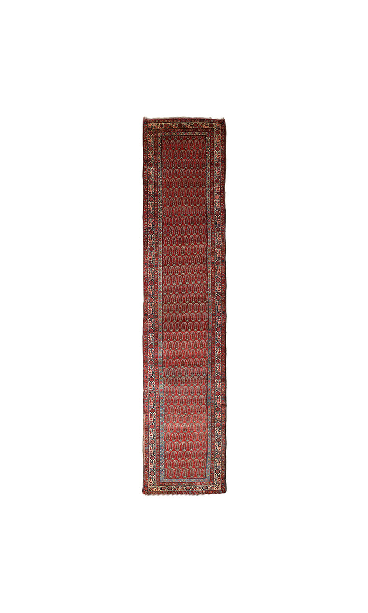 Antique Persian gallery runner (15'9" x 3'4") featuring a classic Paisley Boteh design on a red field with green, brown, and a wide white border.