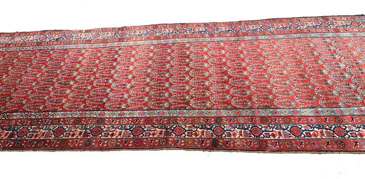 Antique Persian gallery runner (15'9" x 3'4") featuring a classic Paisley Boteh design on a red field with green, brown, and a wide white border.