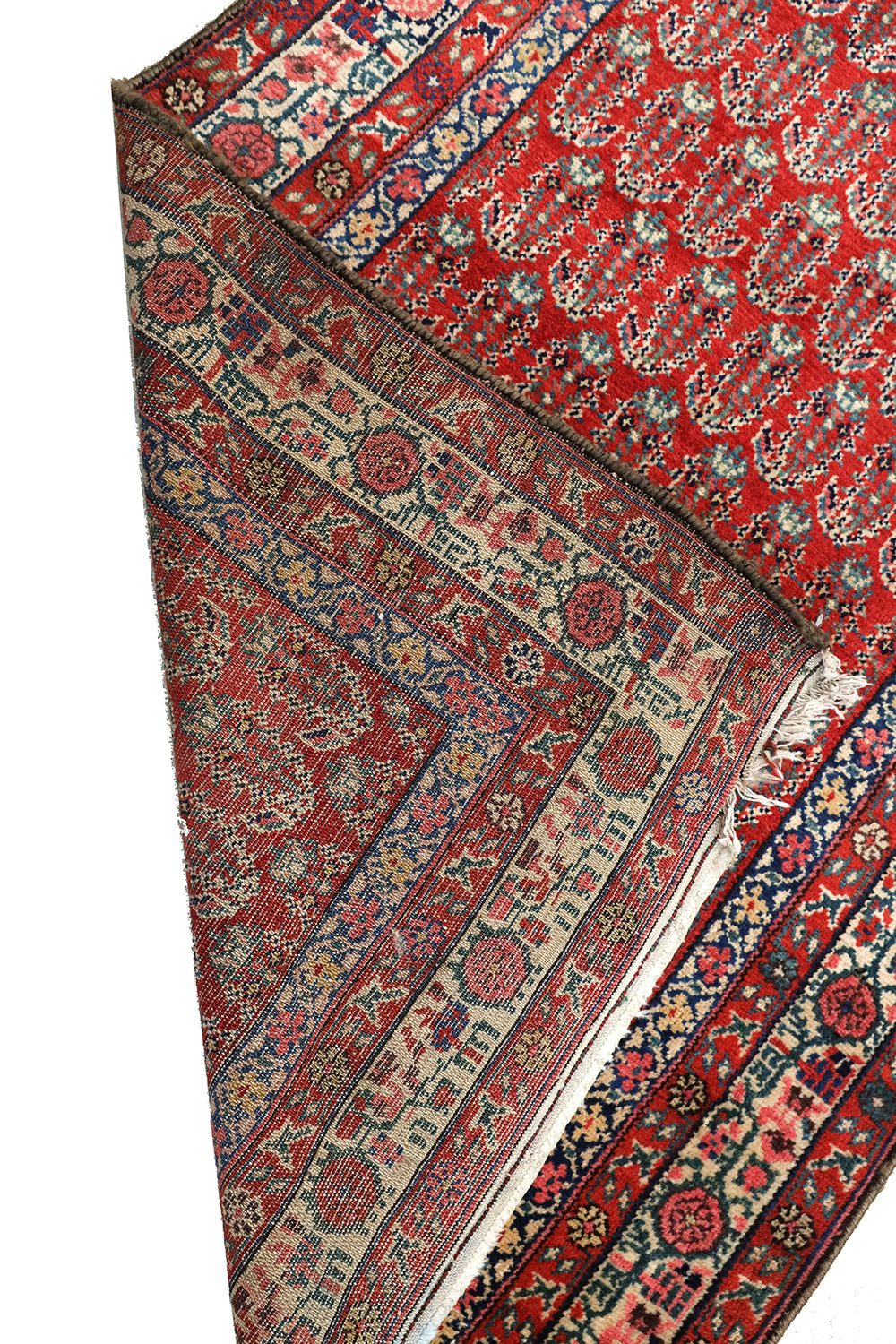 Antique Persian gallery runner (15'9" x 3'4") featuring a classic Paisley Boteh design on a red field with green, brown, and a wide white border.