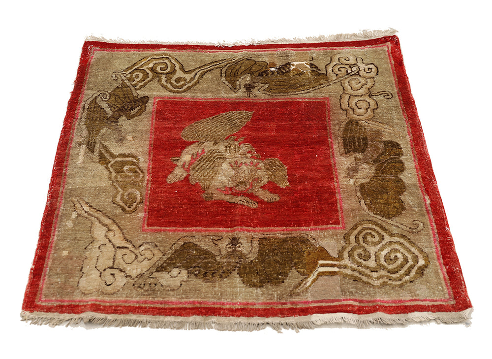 3'x3' Antique Khotan Rug | Chinese Red Foo Dog & Bat Motif | Hand Knotted