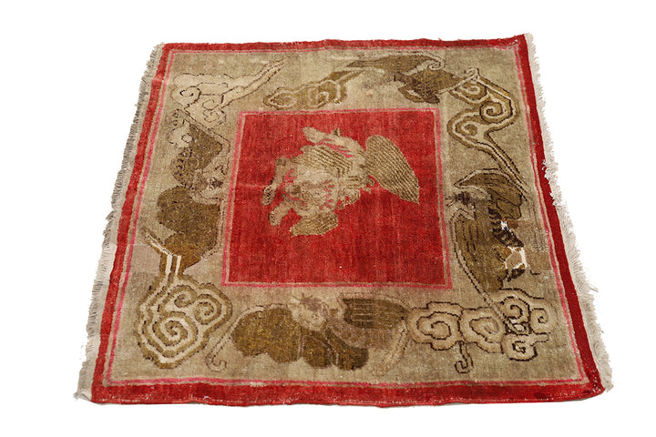 3'x3' Antique Khotan Rug | Chinese Red Foo Dog & Bat Motif | Hand Knotted