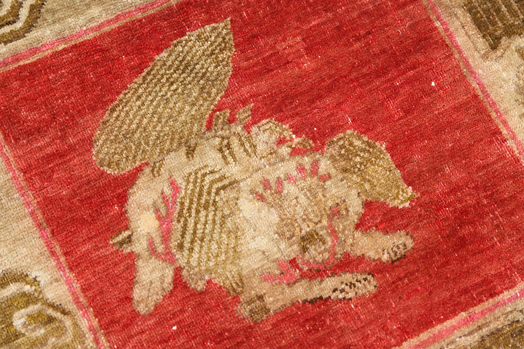 3'x3' Antique Khotan Rug | Chinese Red Foo Dog & Bat Motif | Hand Knotted