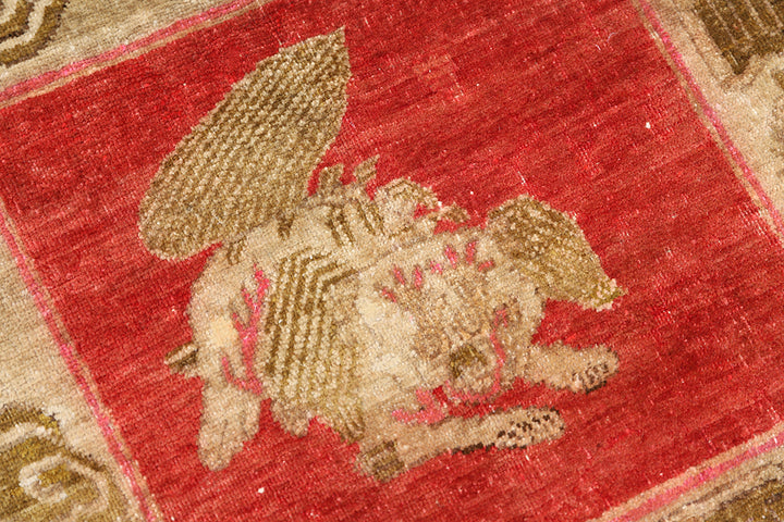 3'x3' Antique Khotan Rug | Chinese Red Foo Dog & Bat Motif | Hand Knotted