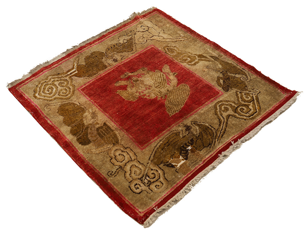 3'x3' Antique Khotan Rug | Chinese Red Foo Dog & Bat Motif | Hand Knotted