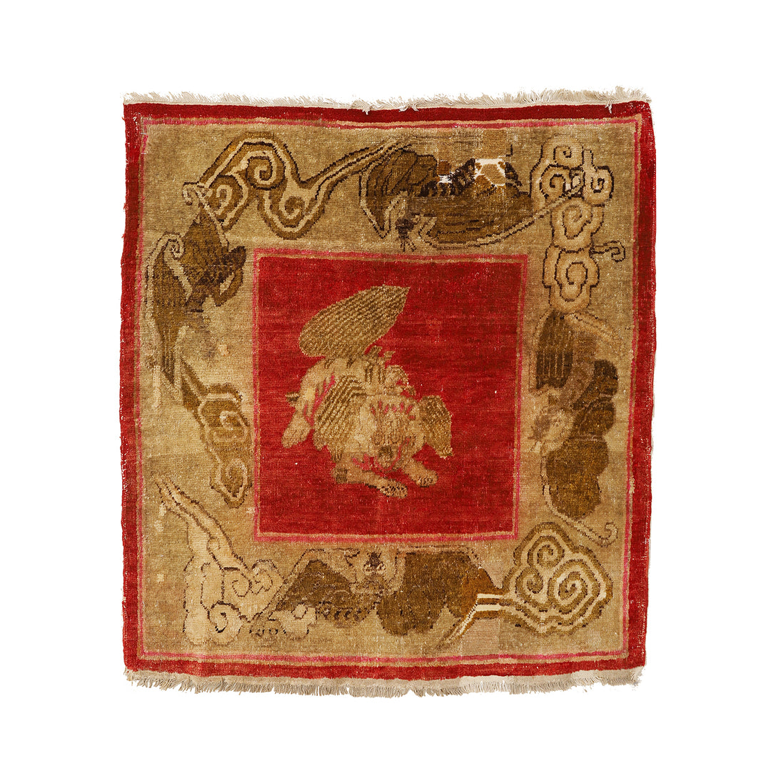 3'x3' Antique Khotan Rug | Chinese Red Foo Dog & Bat Motif | Hand Knotted
