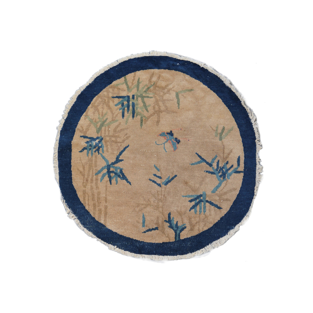 3'x3' Round Navy and Tan Floral Chinese Art Deco Wool Rug