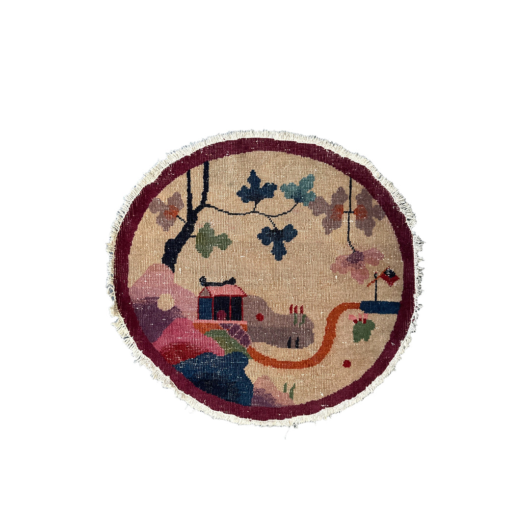 3'x3' Round Wool Rug | Art Deco | Chinese | Tan, Magenta