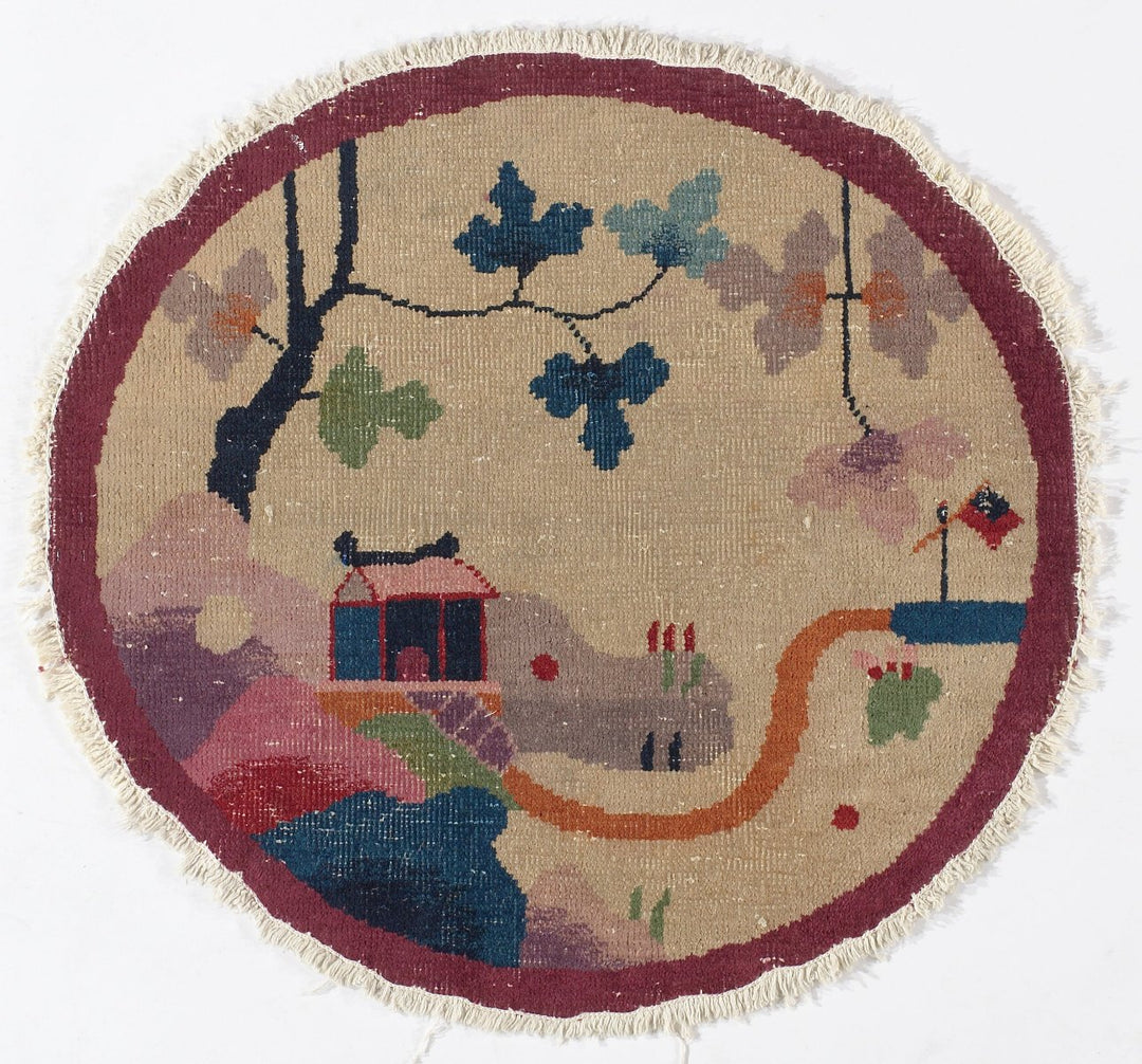 3'x3' Round Wool Rug | Art Deco | Chinese | Tan, Magenta