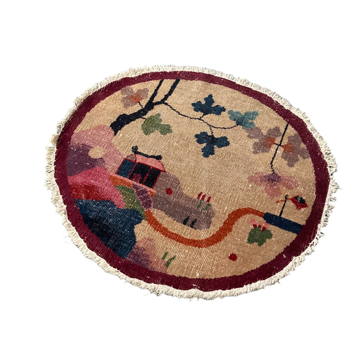 3'x3' Round Wool Rug | Art Deco | Chinese | Tan, Magenta