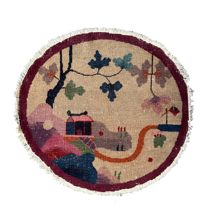 3'x3' Round Wool Rug | Art Deco | Chinese | Tan, Magenta