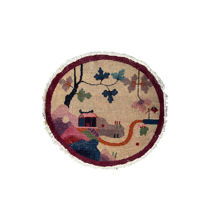 3'x3' Round Wool Rug | Art Deco | Chinese | Tan, Magenta