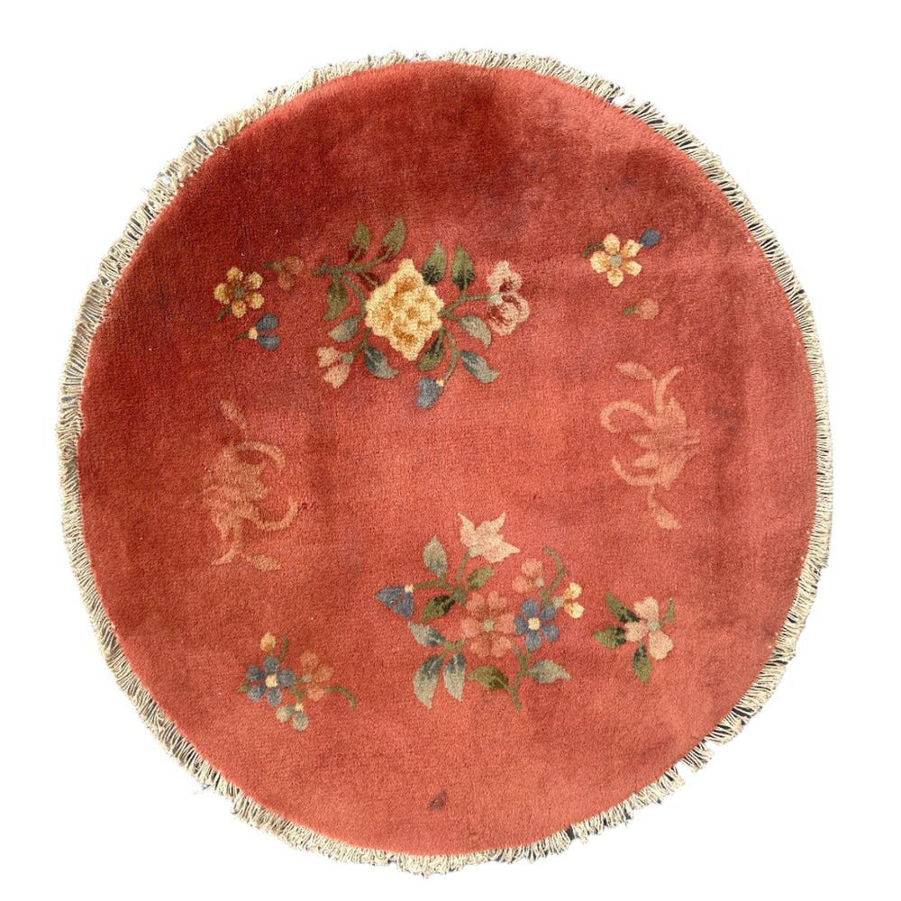 3'x3' Small Round Peach Floral Chinese Art Deco Wool Rug