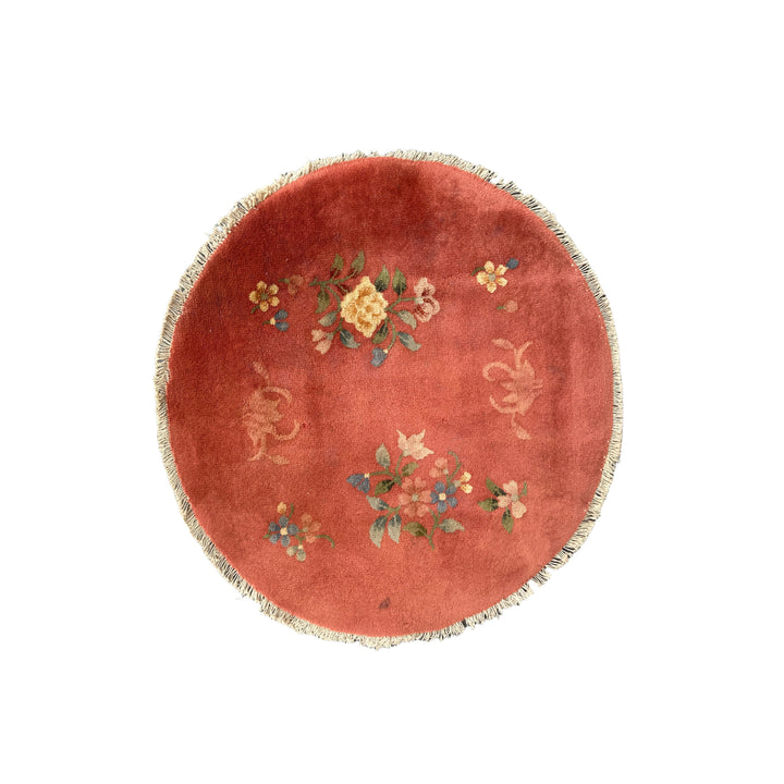 3'x3' Small Round Peach Floral Chinese Art Deco Wool Rug