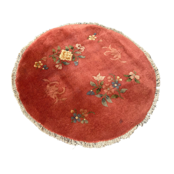 3'x3' Small Round Peach Floral Chinese Art Deco Wool Rug