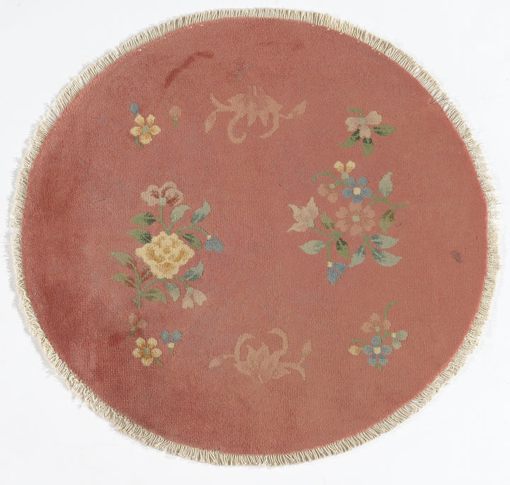 3'x3' Small Round Peach Floral Chinese Art Deco Wool Rug