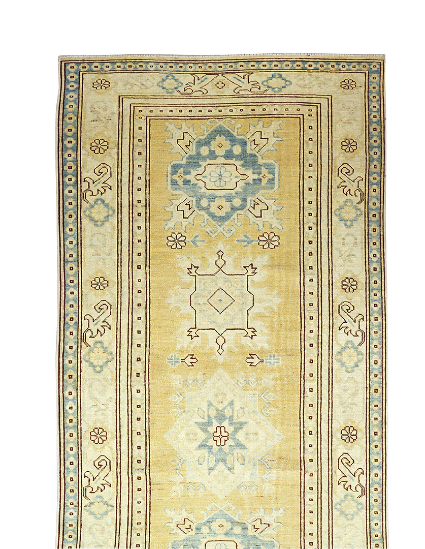 Ariana Hazara Caucasian Design Runner - 3' x 36' - Gold and Blue