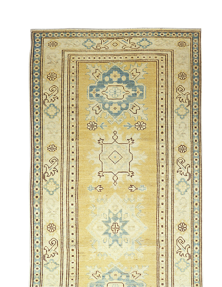Ariana Hazara Caucasian Design Runner - 3' x 36' - Gold and Blue