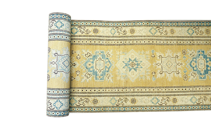Ariana Hazara Caucasian Design Runner - 3' x 36' - Gold and Blue