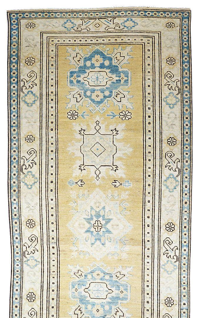 Ariana Hazara Caucasian Design Runner - 3' x 36' - Gold and Blue