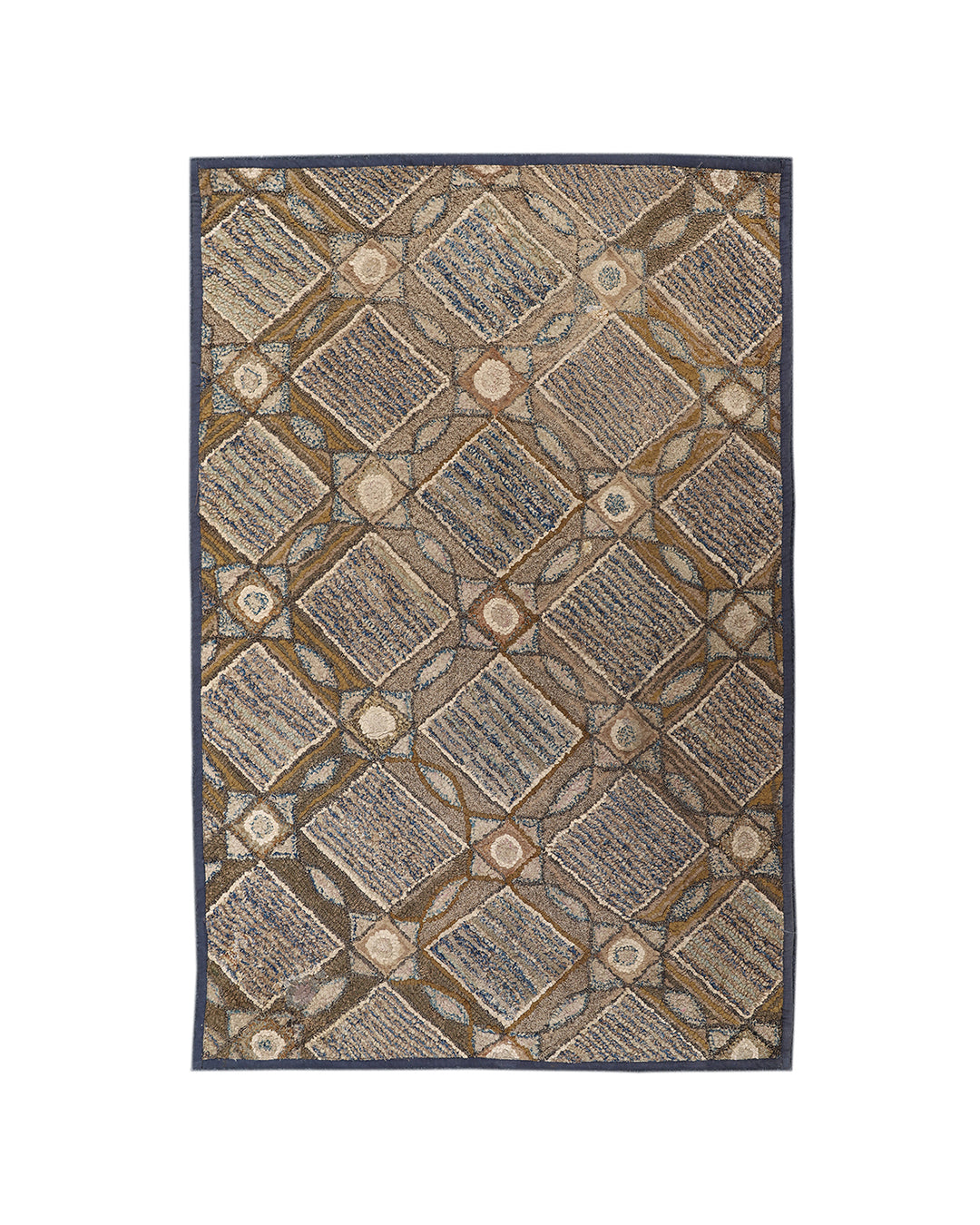 3x4 antique American hooked area rug featuring a brown and earthtone geometric design by Ariana Rugs