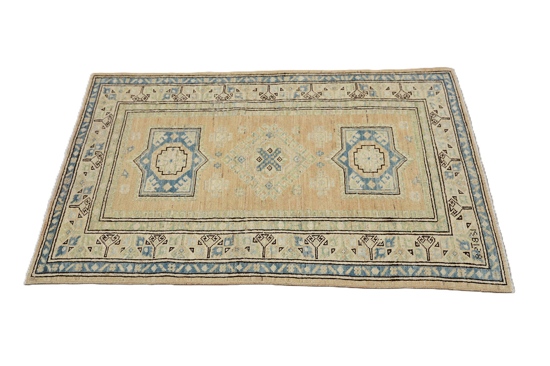 3x4 Ariana Hazara Collection Small Geometric Caucasian Design Hand Knotted Low Pile Rug 2ft 7in x 3ft 11in