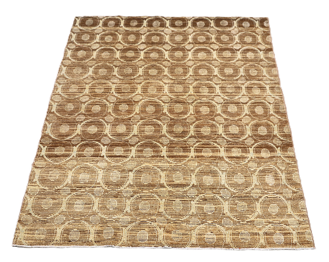 3' x 4' Fine Luxury Camel Brown and Ivory Silk Ariana Modern contemporary hand-knotted area rug with circular design.