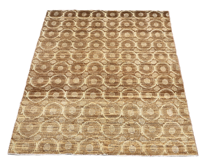 3' x 4' Fine Luxury Camel Brown and Ivory Silk Ariana Modern contemporary hand-knotted area rug with circular design.