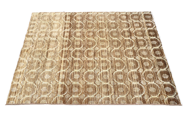 3' x 4' Fine Luxury Camel Brown and Ivory Silk Ariana Modern contemporary hand-knotted area rug with circular design.