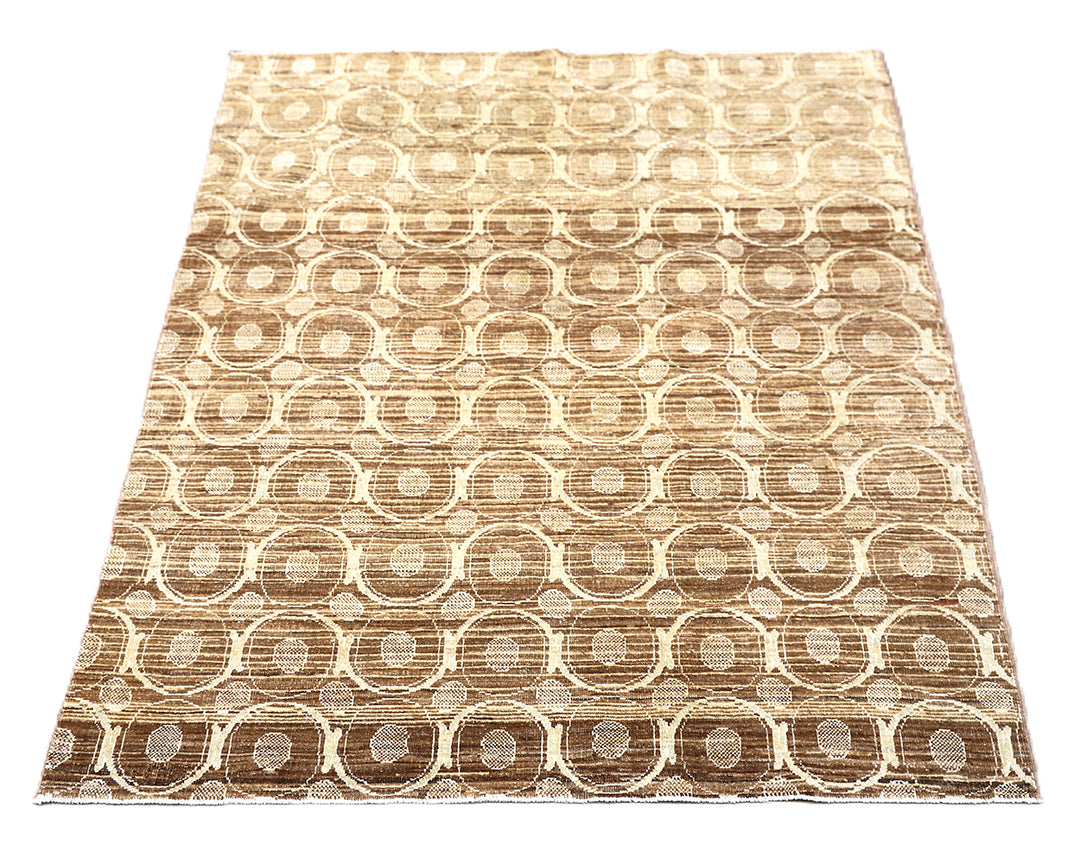 3' x 4' Fine Luxury Camel Brown and Ivory Silk Ariana Modern contemporary hand-knotted area rug with circular design.