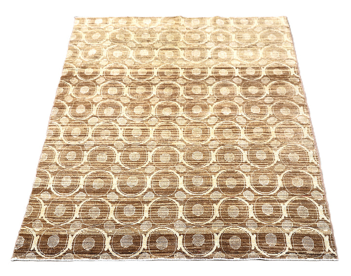3' x 4' Fine Luxury Camel Brown and Ivory Silk Ariana Modern contemporary hand-knotted area rug with circular design.
