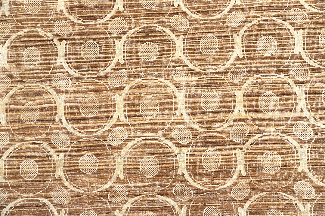 3' x 4' Fine Luxury Camel Brown and Ivory Silk Ariana Modern contemporary hand-knotted area rug with circular design.