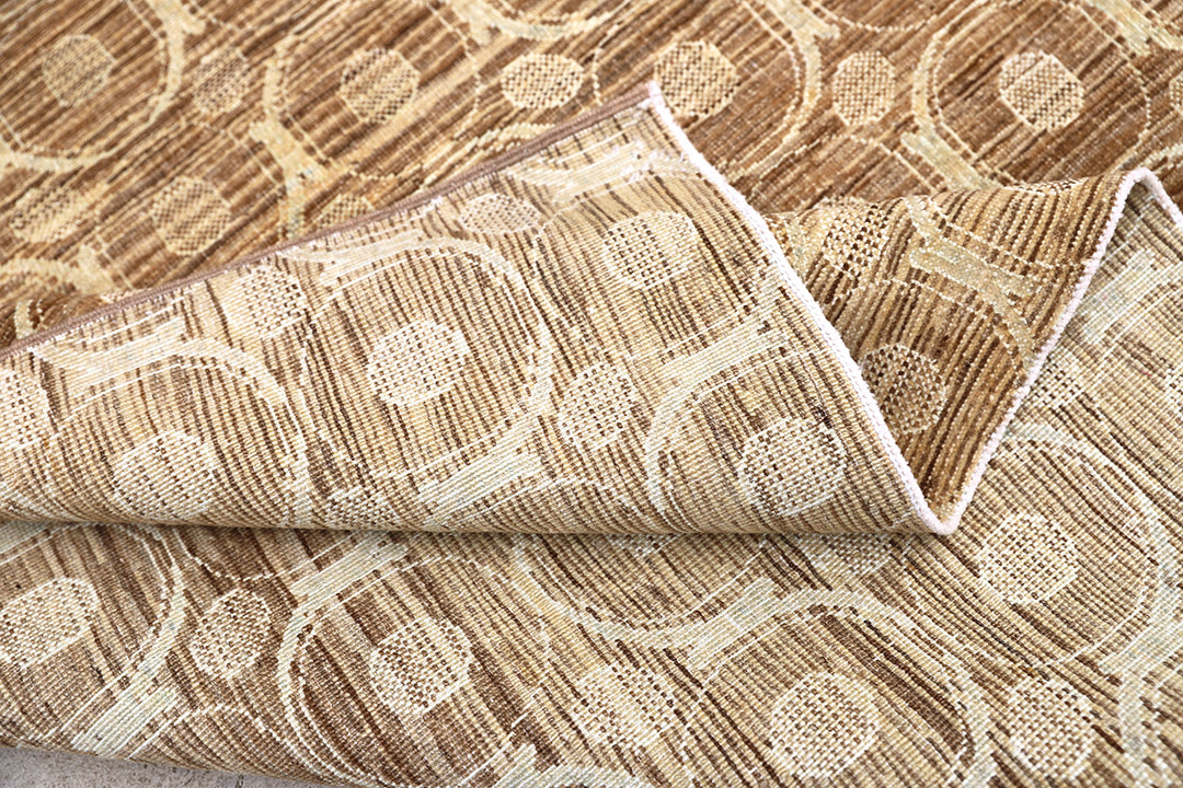 3' x 4' Fine Luxury Camel Brown and Ivory Silk Ariana Modern contemporary hand-knotted area rug with circular design.