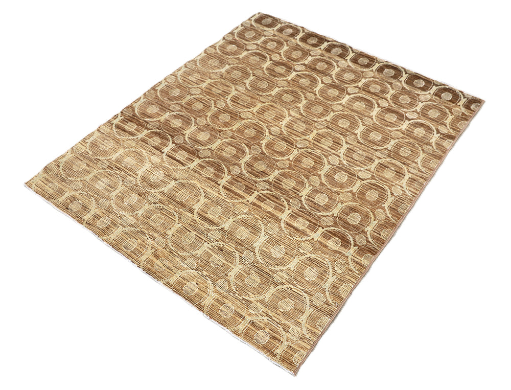 3' x 4' Fine Luxury Camel Brown and Ivory Silk Ariana Modern contemporary hand-knotted area rug with circular design.