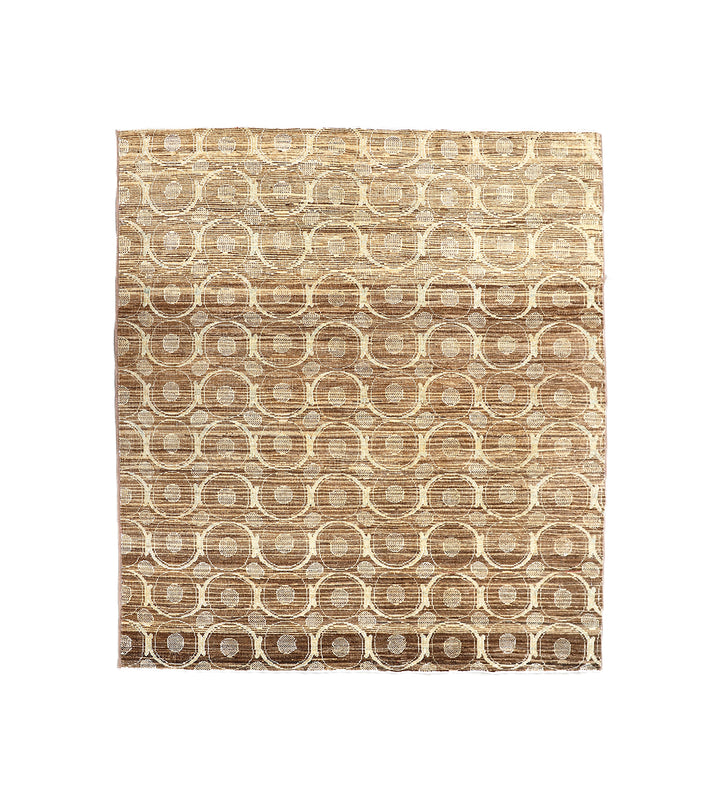 3' x 4' Fine Luxury Camel Brown and Ivory Silk Ariana Modern contemporary hand-knotted area rug with circular design.