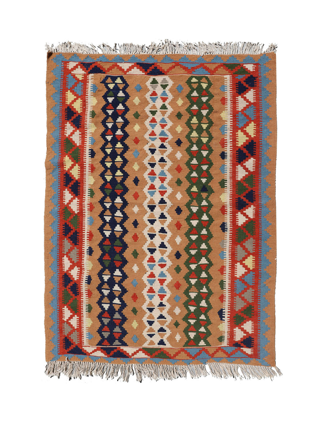 Multicolored patterned rug with fringe on a white background