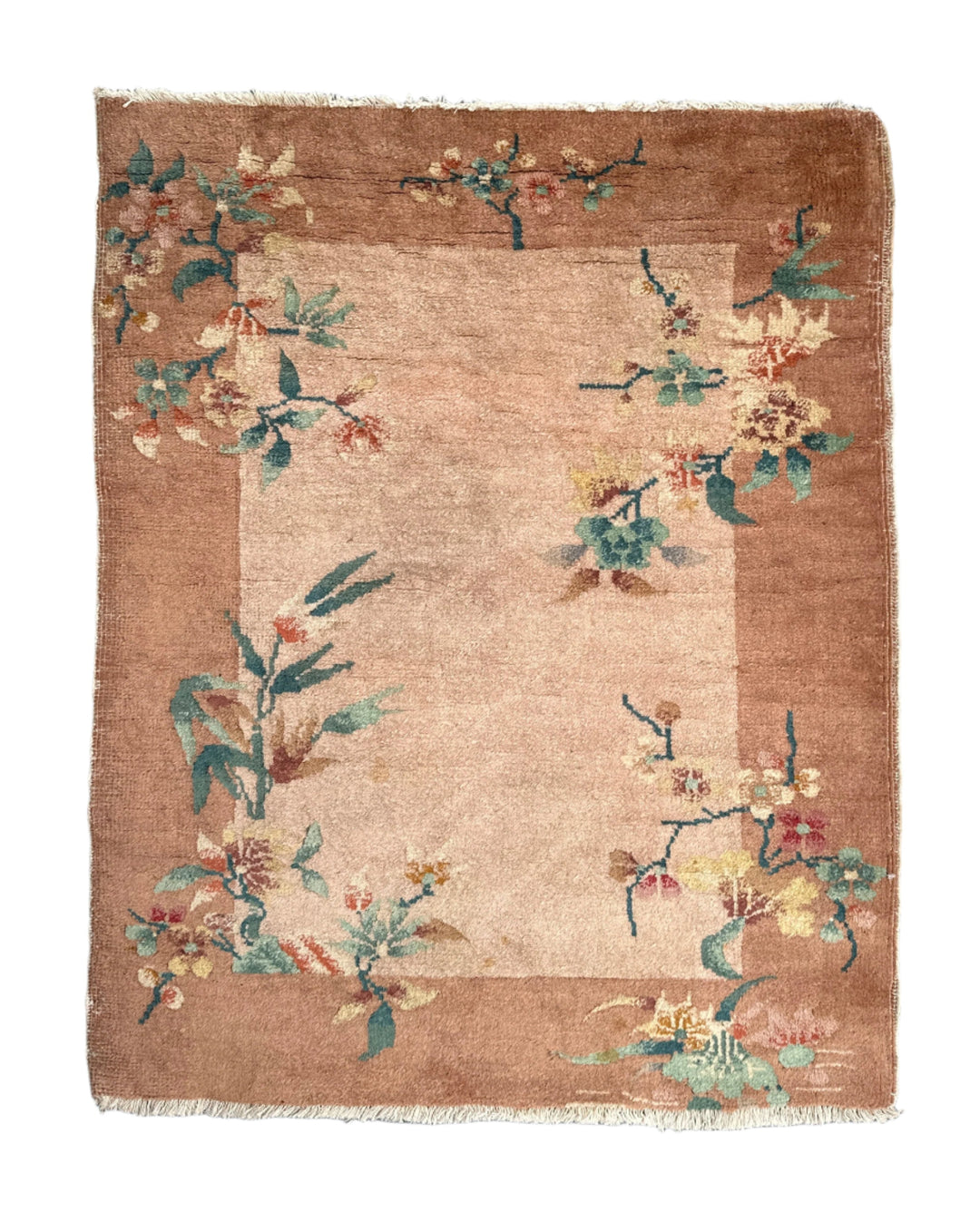 3'x4' Small Beige and Tan Floral Chinese Art Deco Rug