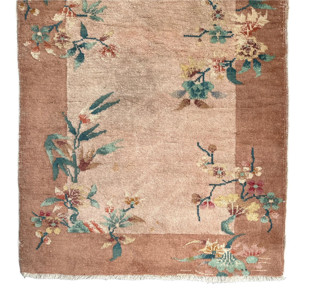 3'x4' Small Beige and Tan Floral Chinese Art Deco Rug