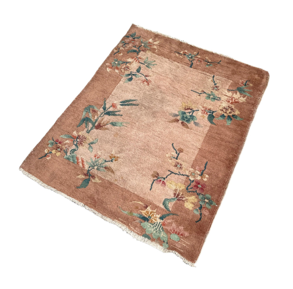 3'x4' Small Beige and Tan Floral Chinese Art Deco Rug