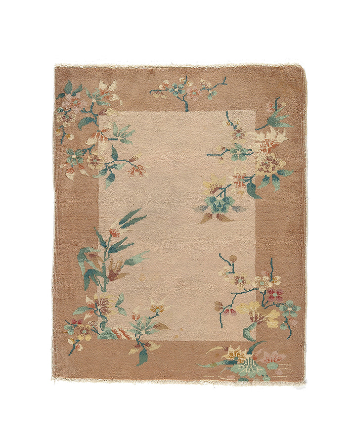 3'x4' Small Beige and Tan Floral Chinese Art Deco Rug