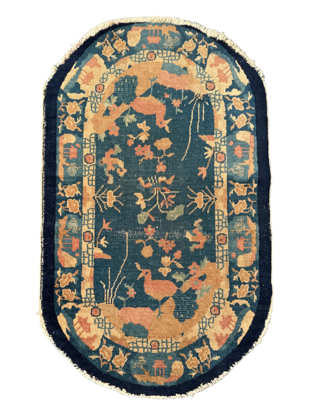 3'x4' Small Oval Blue and Tan Chinese Art Deco Rug